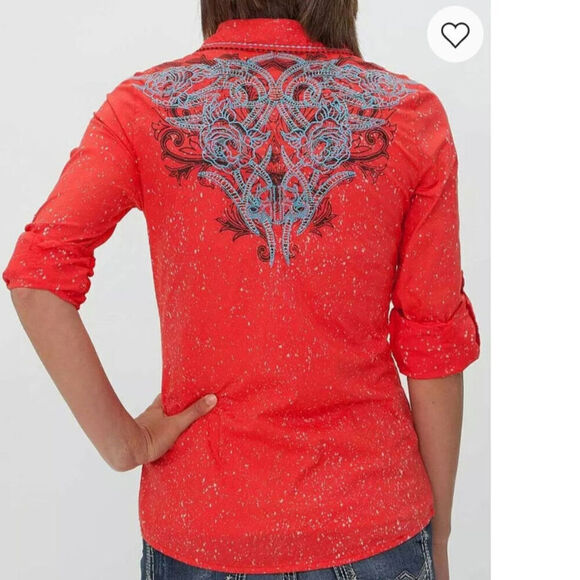 Roar Wild Heart Button Up Shirt in Orange, sz Large - Picture 3 of 15